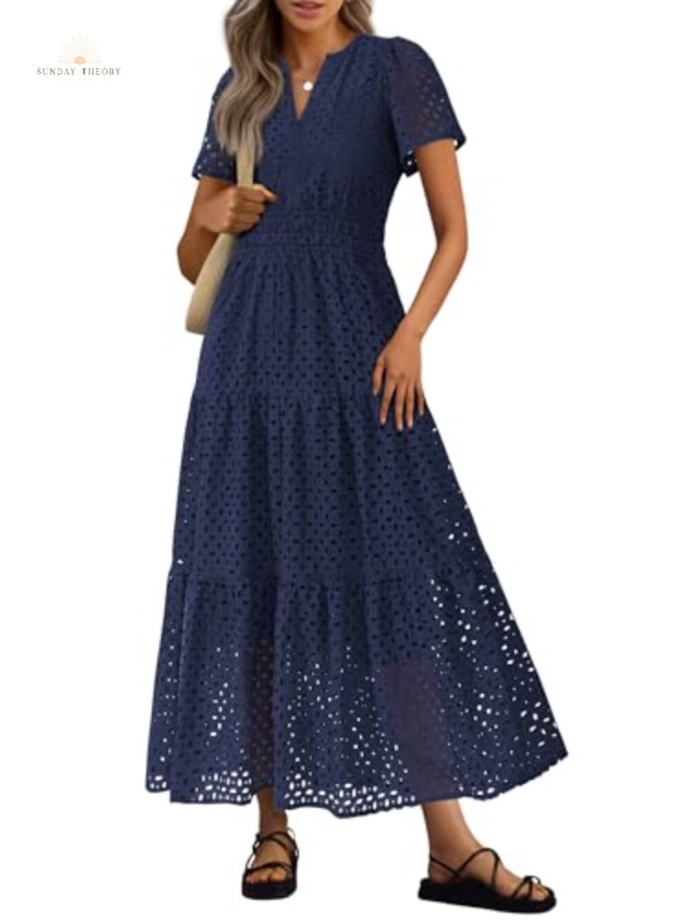 Women's Eyelet Maxi Dress V-Neck Short Sleeve A-Line Cotton Boho Summer Party